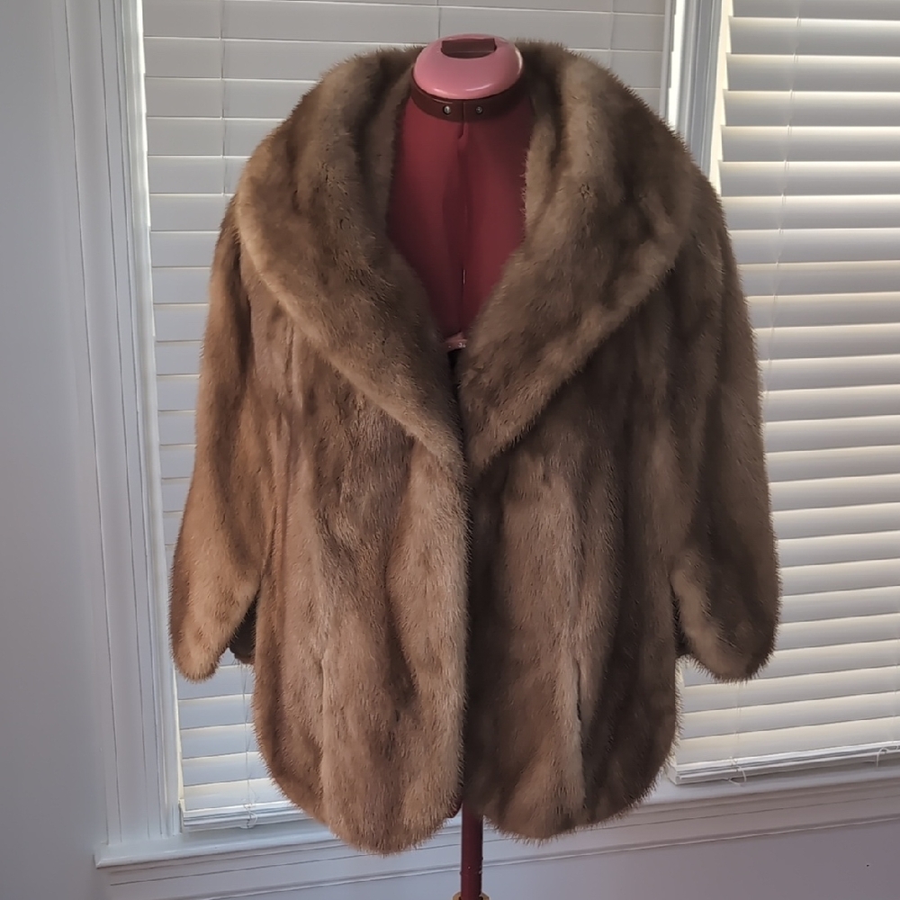 Vintage Real Mink Fur Jacket Coat 1950s Brown Shawl Collar Luxury Crop Outerwear